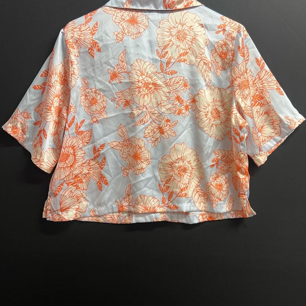 Joie‎ top Satin Pajamas Sz m Blue Orange Floral Pockets